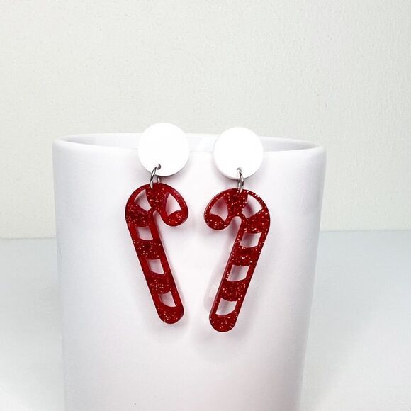 Christmas Holiday Red White Glitter Candy Cane Post Dangle Earrings - Picture 1 of 2